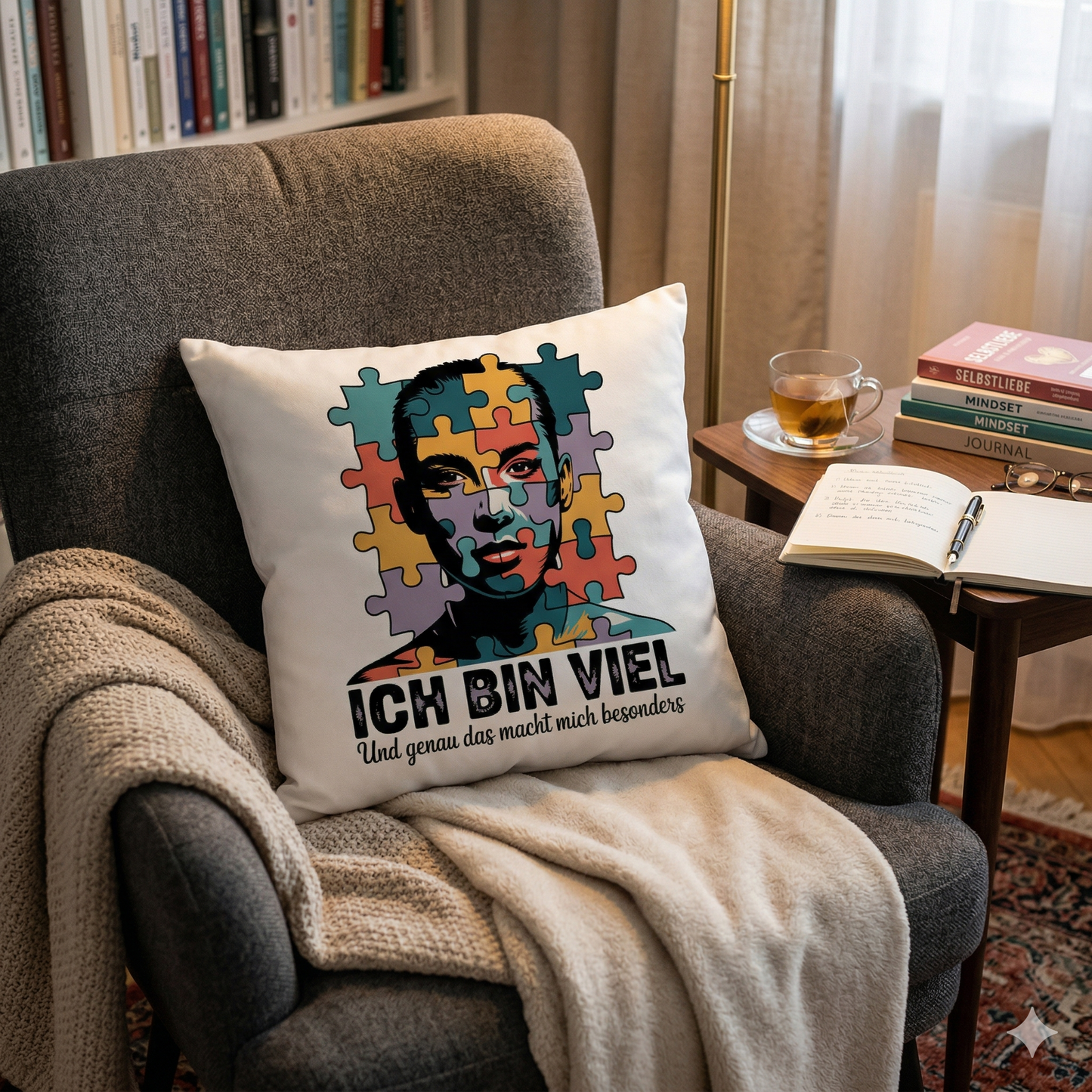 Hochwertiges Dekokissen mit künstlerischem Puzzle-Profil und Text Ich bin viel in einer gemütlichen Leseecke