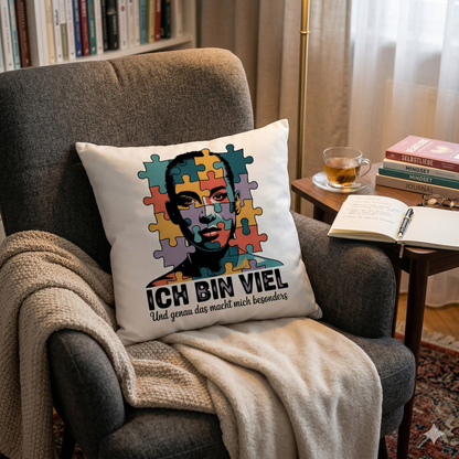 Hochwertiges Dekokissen mit künstlerischem Puzzle-Profil und Text Ich bin viel in einer gemütlichen Leseecke