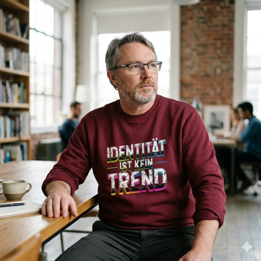 Person im bordeauxfarbenden 280 GSM Bio-Sweatshirt mit dem Neon-Distressed-Schriftzug Identität ist kein Trend.