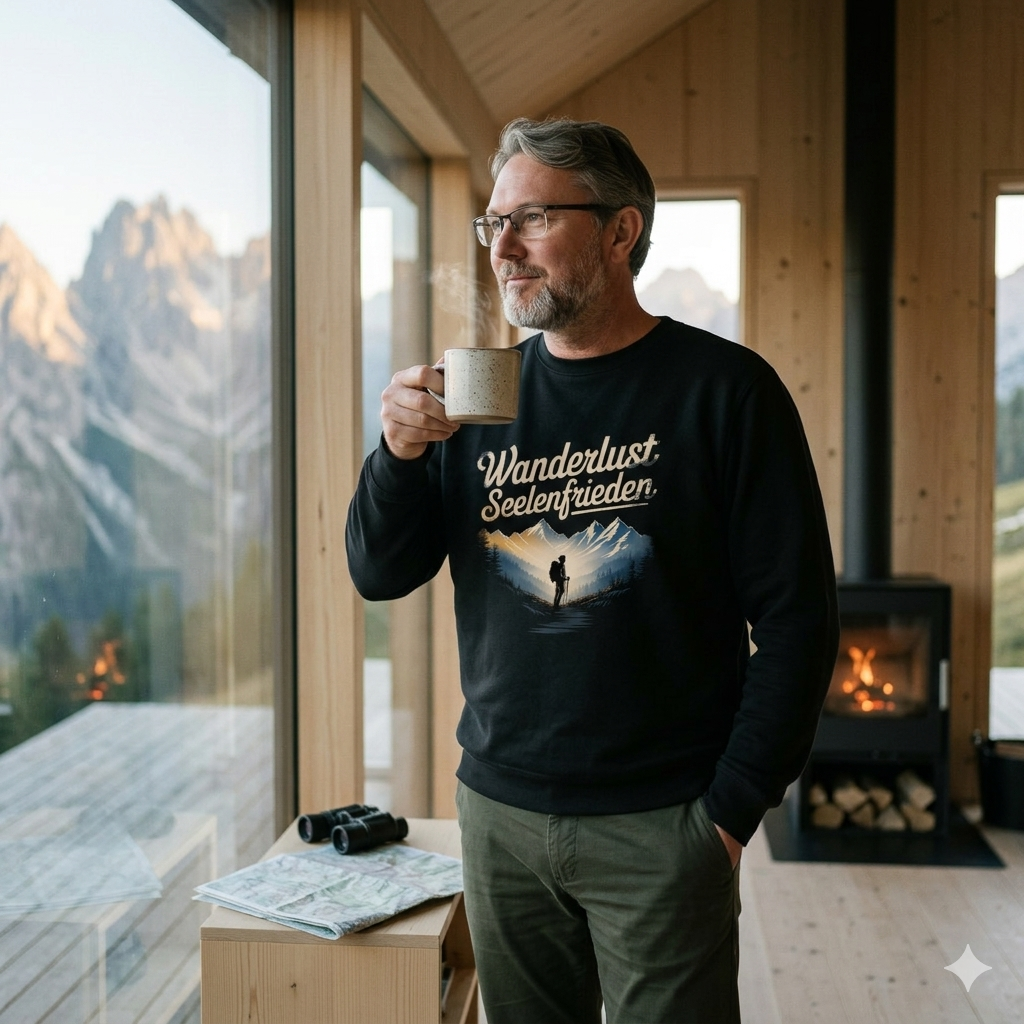 Person im schwarzen 280 GSM Bio-Sweatshirt mit Berg-Illustration und dem Schriftzug Wanderlust Seelenfrieden.
