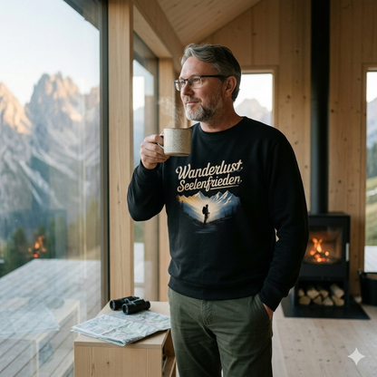 Person im schwarzen 280 GSM Bio-Sweatshirt mit Berg-Illustration und dem Schriftzug Wanderlust Seelenfrieden.