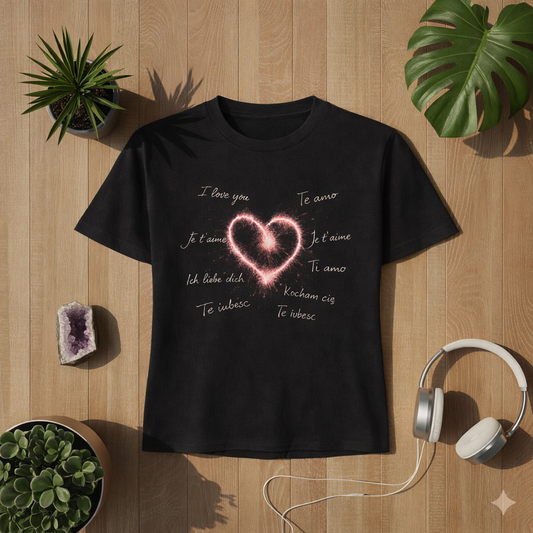 Schwarzes Premium Organic Damen T-Shirt mit leuchtendem Herz Design und „I love you“ in verschiedenen Sprachen im Bright Lights Arts Lifestyle Mockup auf hellem Holz Hintergrund mit Pflanzen, Kristall und Kopfhörern