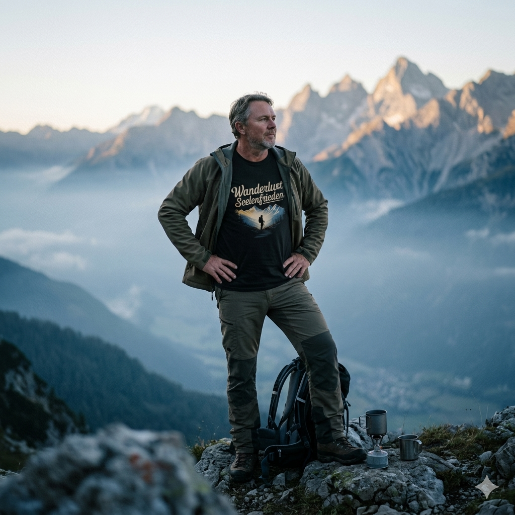 Person im mokkafarbenen Bio-Shirt mit Berg-Illustration und dem Schriftzug Wanderlust Seelenfrieden vor einer echten Bergkulisse