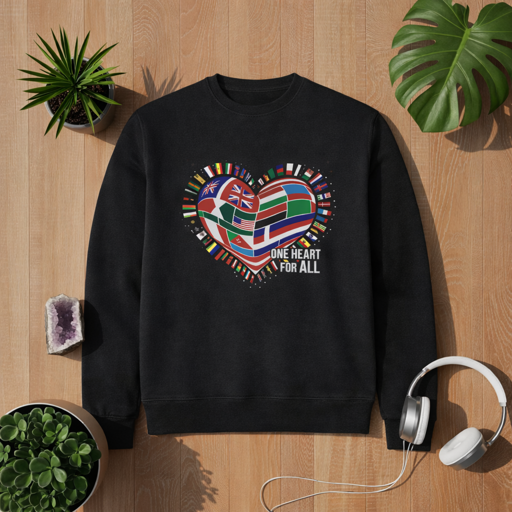 Black premium sweatshirt with One Heart For All world flags heart design displayed in bright minimalist wooden lifestyle mockup with plants, crystal and headphones, 1:1 format