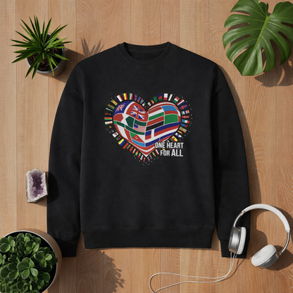 Black premium sweatshirt with One Heart For All world flags heart design displayed in bright minimalist wooden lifestyle mockup with plants, crystal and headphones, 1:1 format