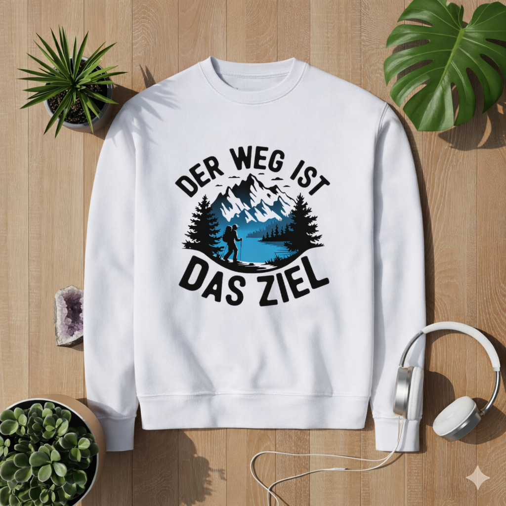 White premium sweatshirt with hiking design “Der Weg ist das Ziel”, mountain and lake illustration, flat lay mockup on wooden background with plants and headphones