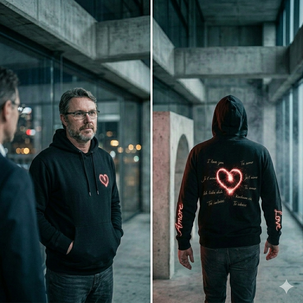 Schwarzes 350 GSM Bio-Sweatshirt mit kleinem glühenden Herz vorne und großem multilingualen Herz-Design auf dem Rücken.