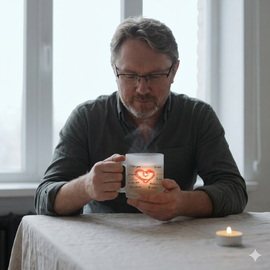 Satinierte Glastasse mit glühendem rotem Herz und multilingualen Schriftzügen, von hinten durch Sonnenlicht beleuchtet.