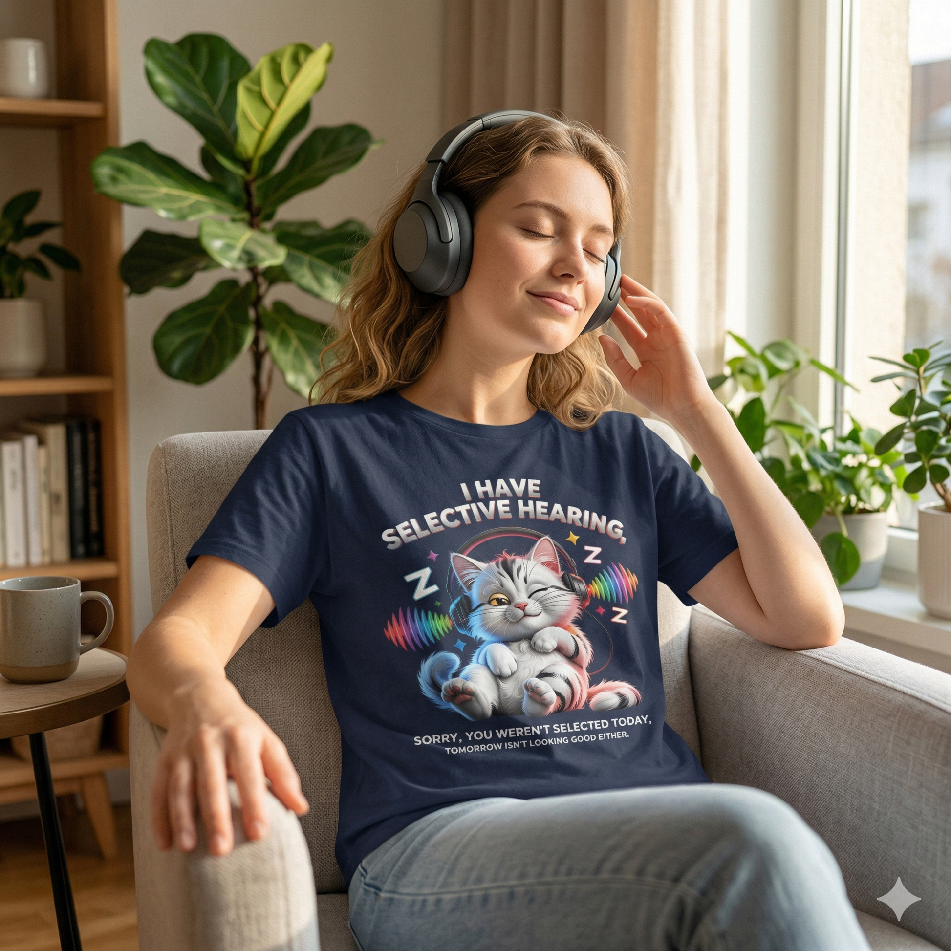 Frau im navyfarbenden Bright Lights Arts Bio-T-Shirt mit detaillierter Katze, die Kopfhörer trägt, und dem Slogan I Have Selective Hearing