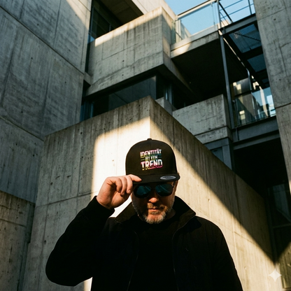 Schwarze Snapback Cap mit dem bunten Neon-Distressed-Schriftzug Identität ist kein Trend auf der Front