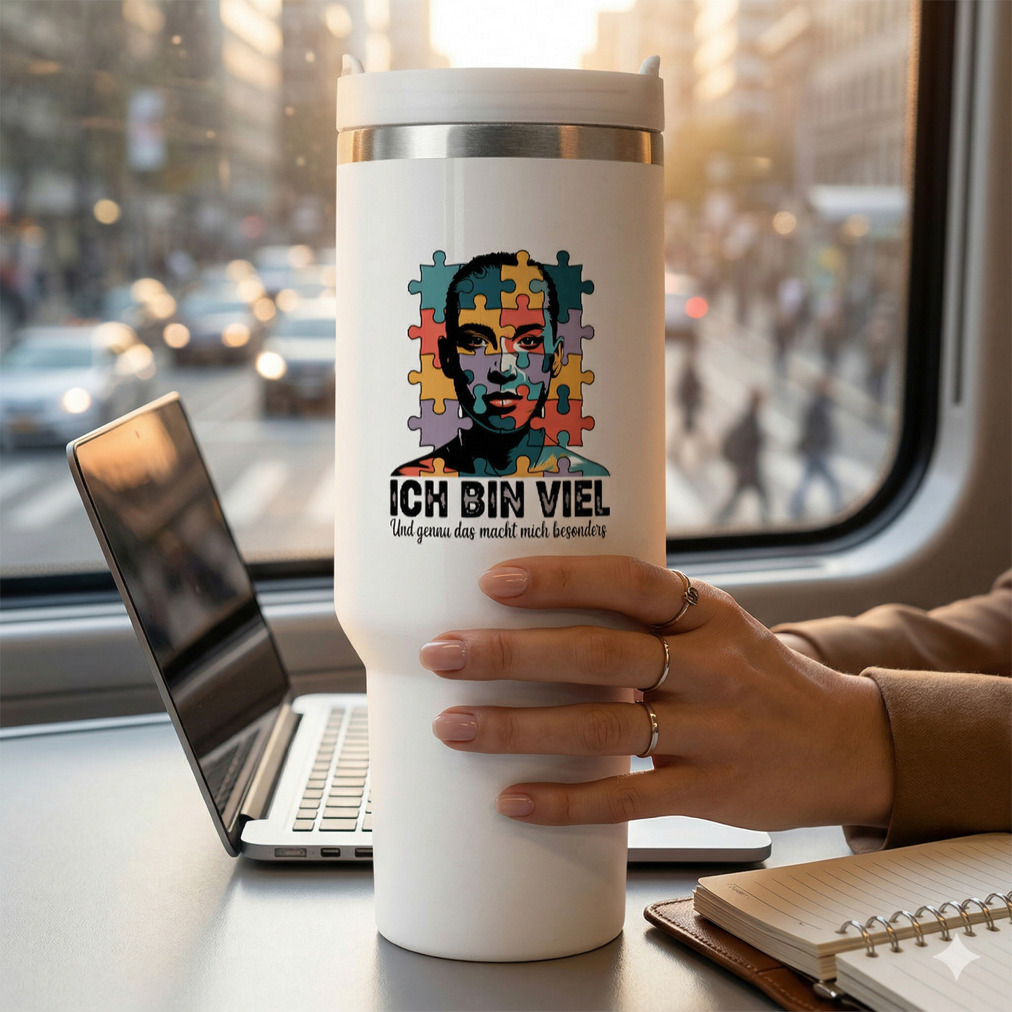 Hochwertiger Thermobecher mit künstlerischem Puzzle-Profil und Text Ich bin viel vor einem urbanen Hintergrund.