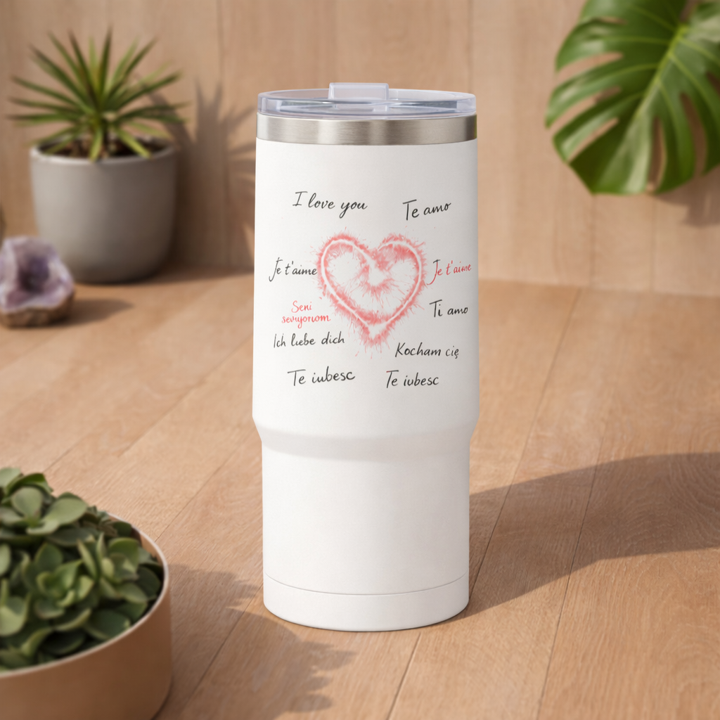 Weißer Thermobecher mit leuchtendem Herz und „I love you“ in verschiedenen Sprachen, platziert auf Holzoberfläche in hellem Lifestyle Mockup mit Pflanzen und warmem Licht