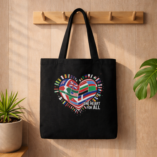 Black tote bag with One Heart For All world flags heart design hanging on wooden wall hooks in bright minimalist lifestyle mockup with plants, 1:1 format