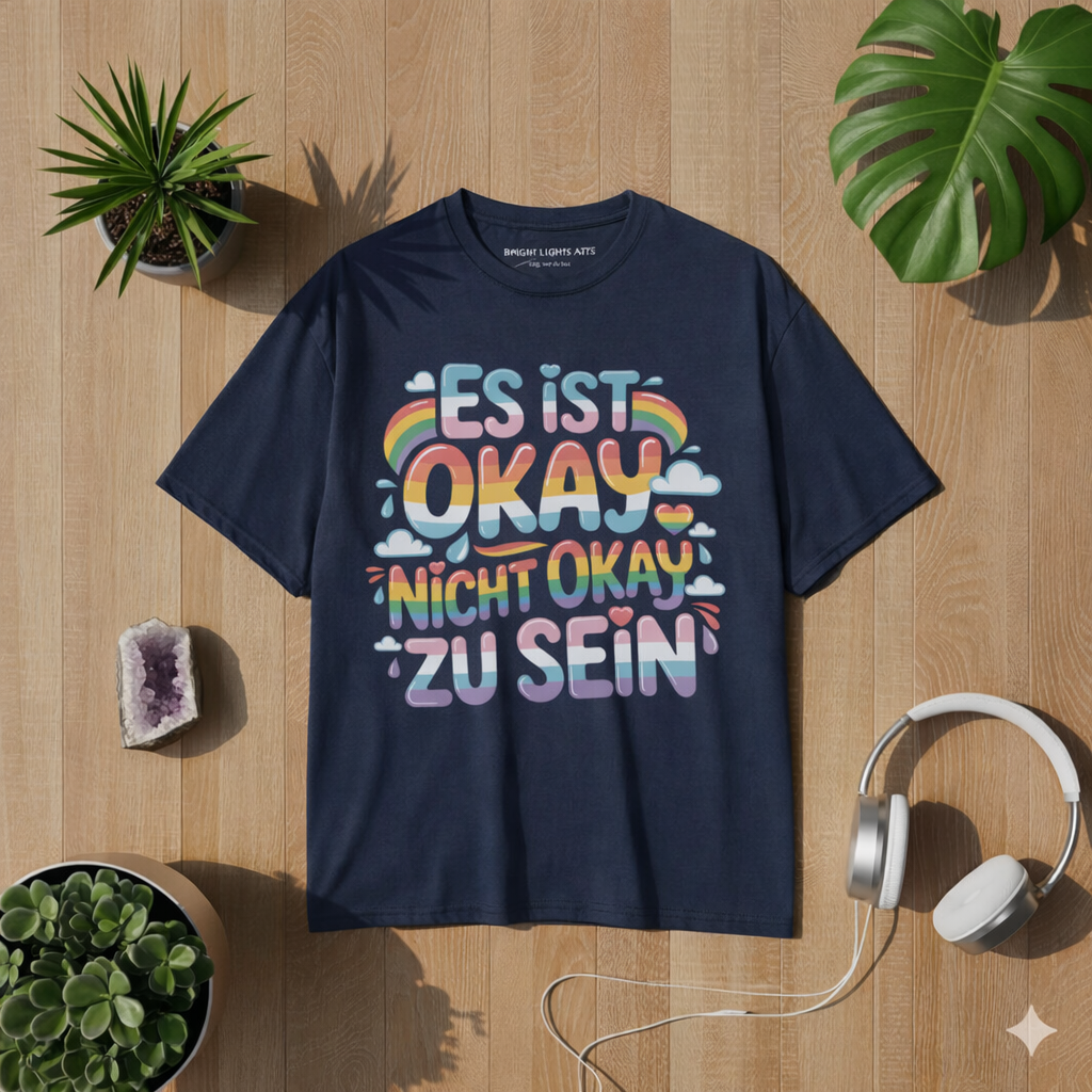 Blaues T-Shirt mit Es ist okay nicht okay zu sein Regenbogen Design im Bright Lights Arts Mockup auf hellem Holzboden mit Pflanzen und Kopfhörern, modernes Statement Shirt für Alltag und Achtsamkeit