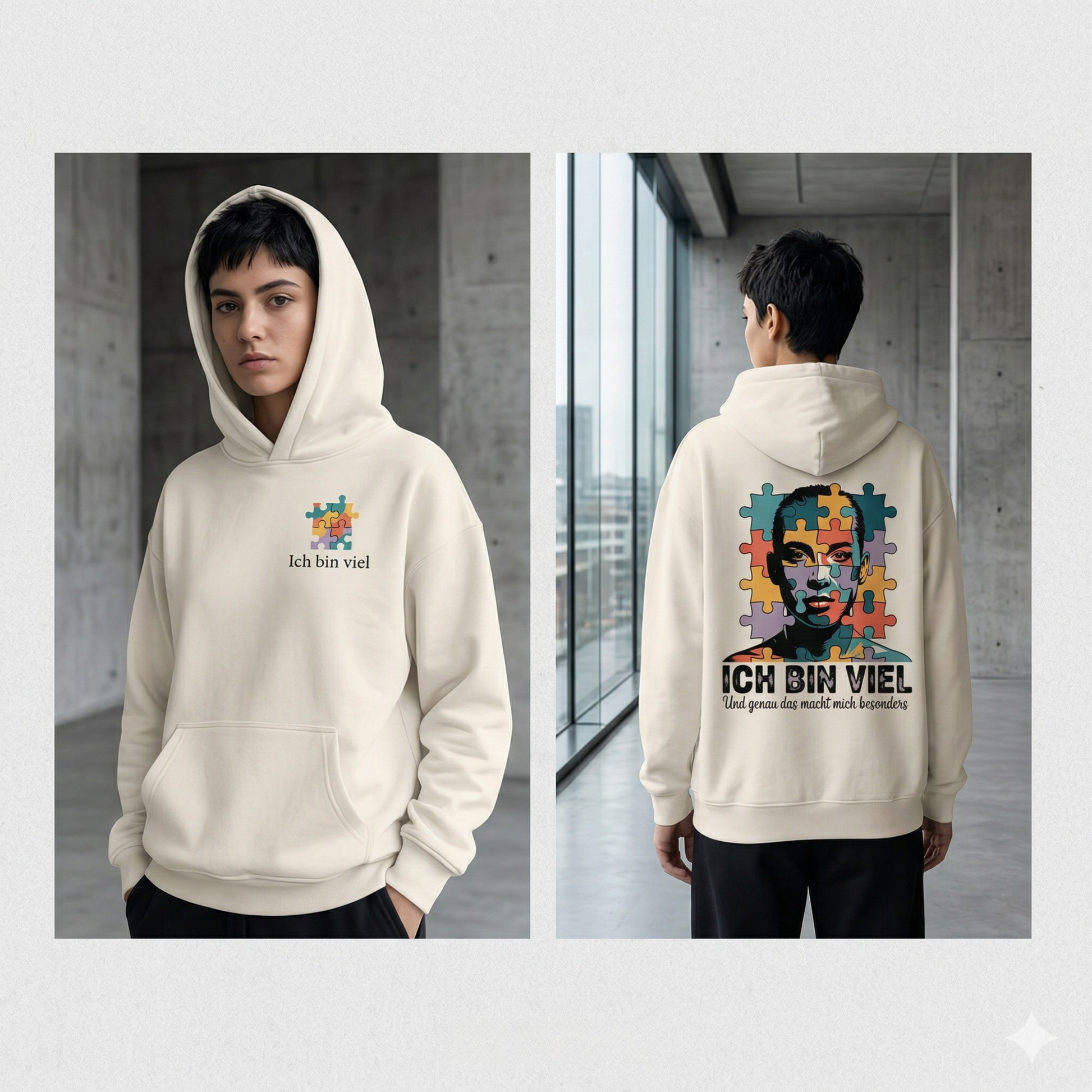 Frau im 380 GSM Bright Lights Arts Oversized Hoodie mit Puzzle-Brustprint und großem Rückendruck Ich bin viel.