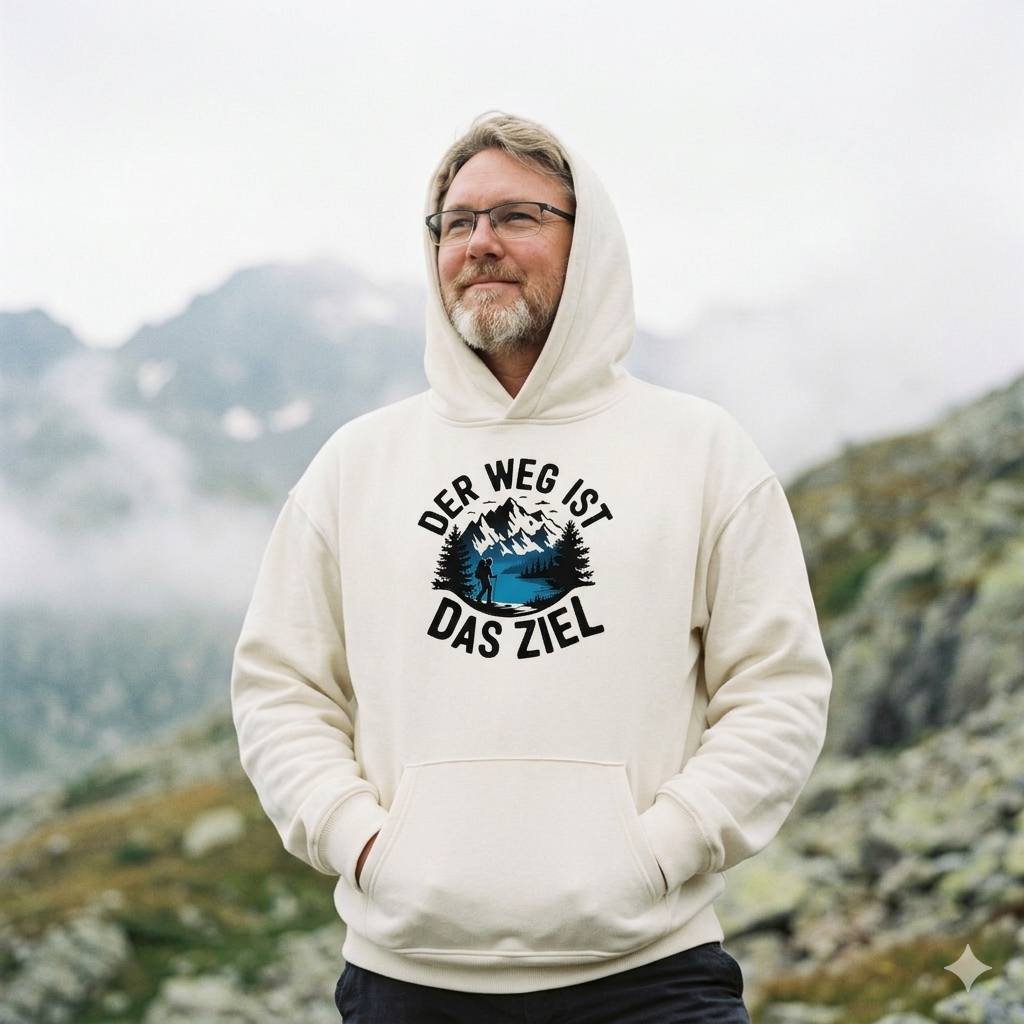 Mann im ultra-schweren schwarzen Bright Lights Arts Oversized Hoodie mit Berg-Print und Aufschrift Der Weg ist das Ziel.
