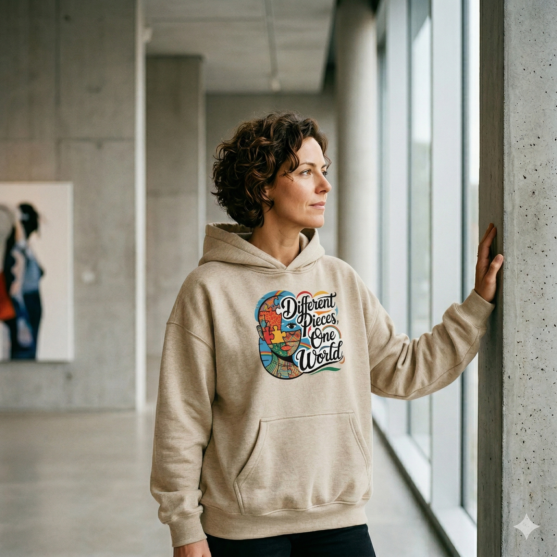 Frau im ultra-schweren beigen Bright Lights Arts Oversized Hoodie mit buntem Puzzle-Portrait und Slogan Different Pieces One World.