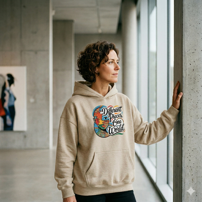 Frau im ultra-schweren beigen Bright Lights Arts Oversized Hoodie mit buntem Puzzle-Portrait und Slogan Different Pieces One World.