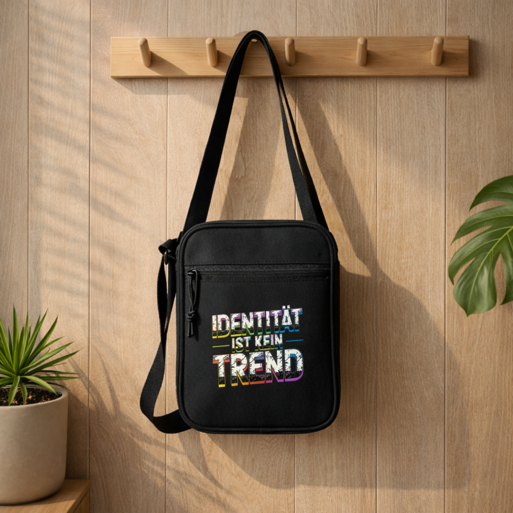 Schwarze Umhängetasche mit „Identität ist kein Trend“ Design von Bright Lights Arts, aufgehängt an Holzleiste in warmem Lifestyle Mockup mit Pflanzen und natürlichem Licht