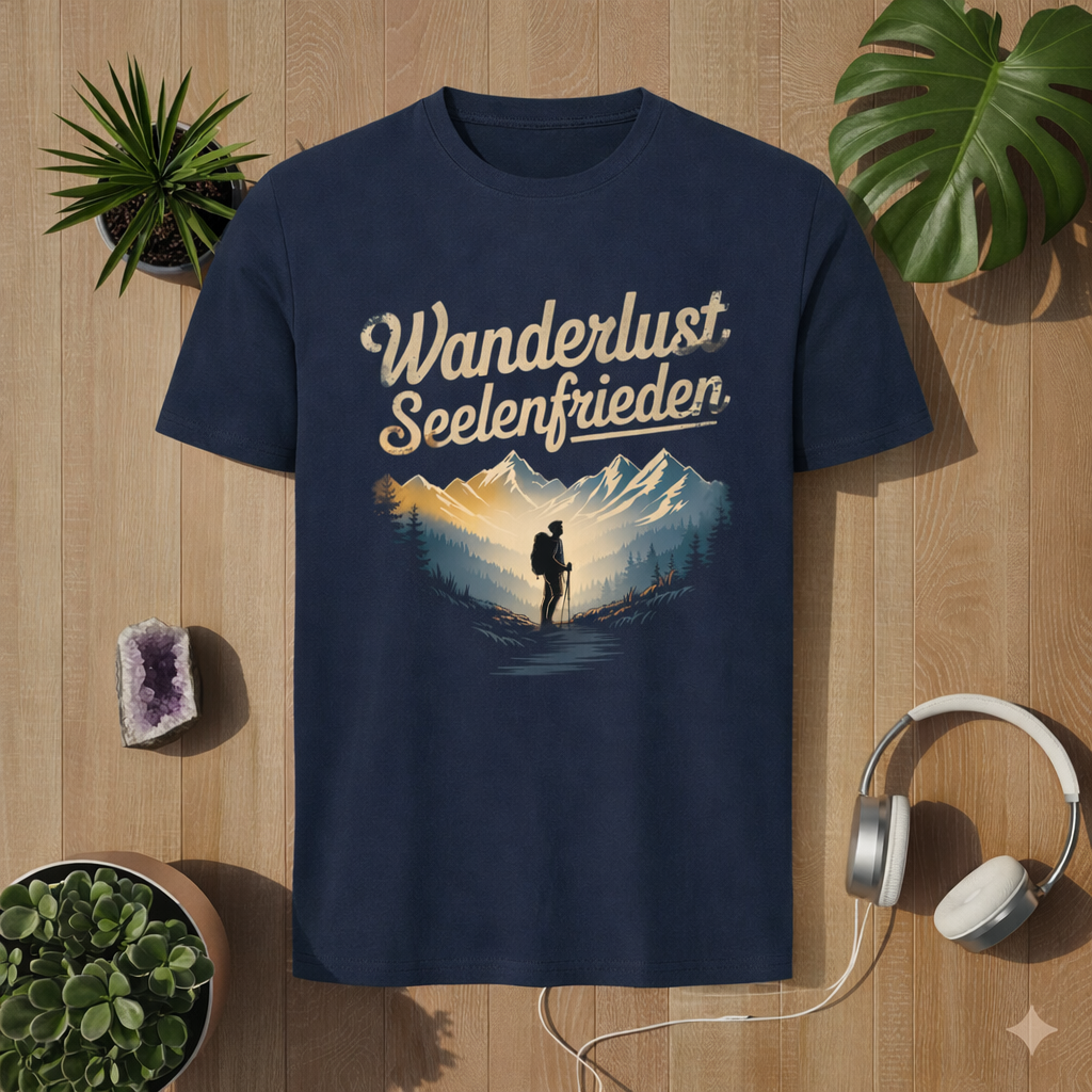 Navy blaues Premium T-Shirt mit Wanderlust Seelenfrieden Design – Wander und Natur Motiv im Bright Lights Arts Mockup mit Holz Hintergrund und Pflanzen