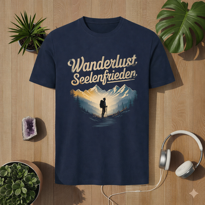 Navy blaues Premium T-Shirt mit Wanderlust Seelenfrieden Design – Wander und Natur Motiv im Bright Lights Arts Mockup mit Holz Hintergrund und Pflanzen