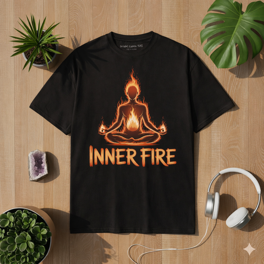 Black premium t-shirt with glowing inner fire meditation design, yoga silhouette with flames and “Inner Fire” text, displayed on wooden lifestyle mockup with plants and headphones, spiritual mindfulness apparel for meditation and yoga lovers