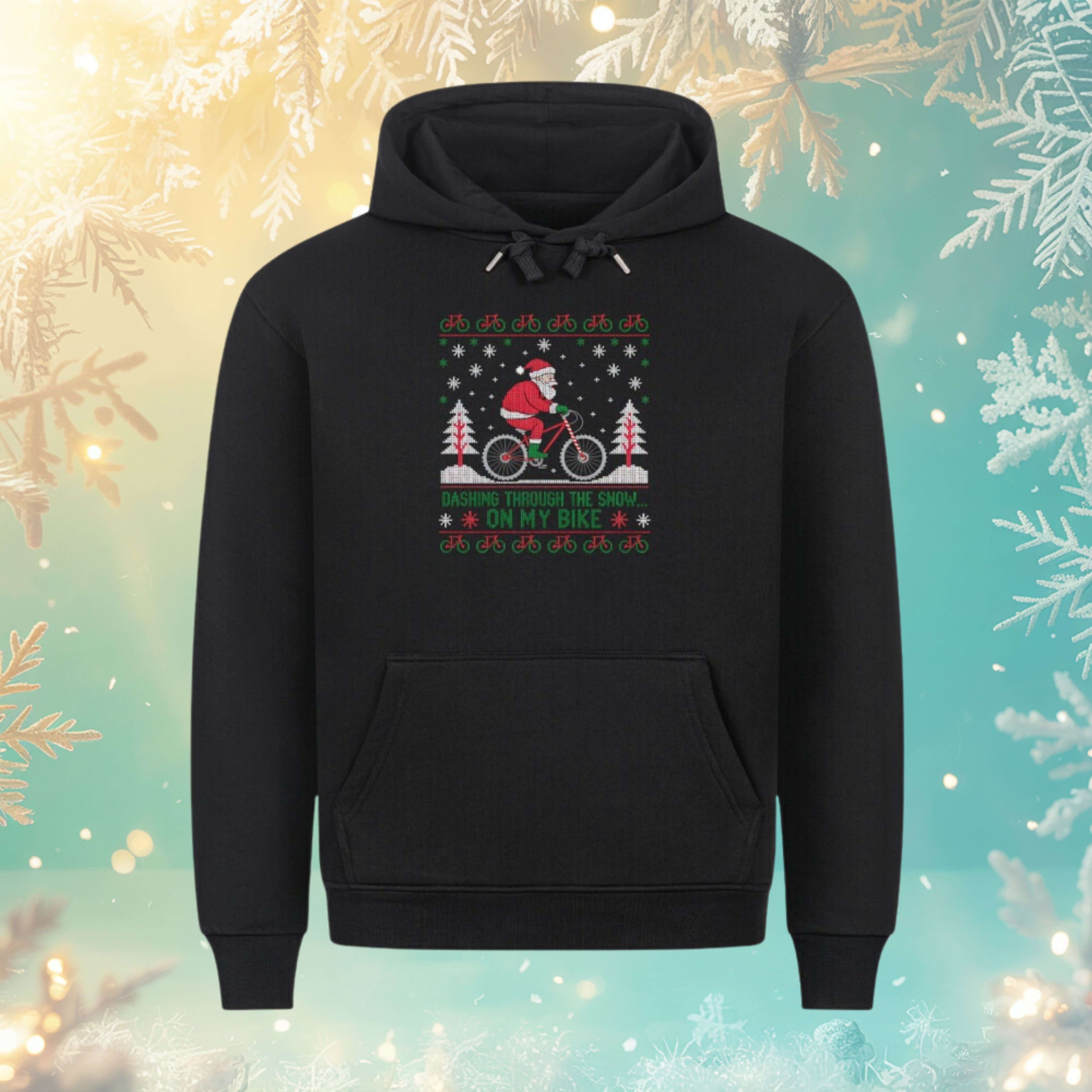 Dashing Through the Snow On My Bike Hoodie – Schwarz – Bright Light Arts, lustiger Fahrrad-Weihnachtshoodie