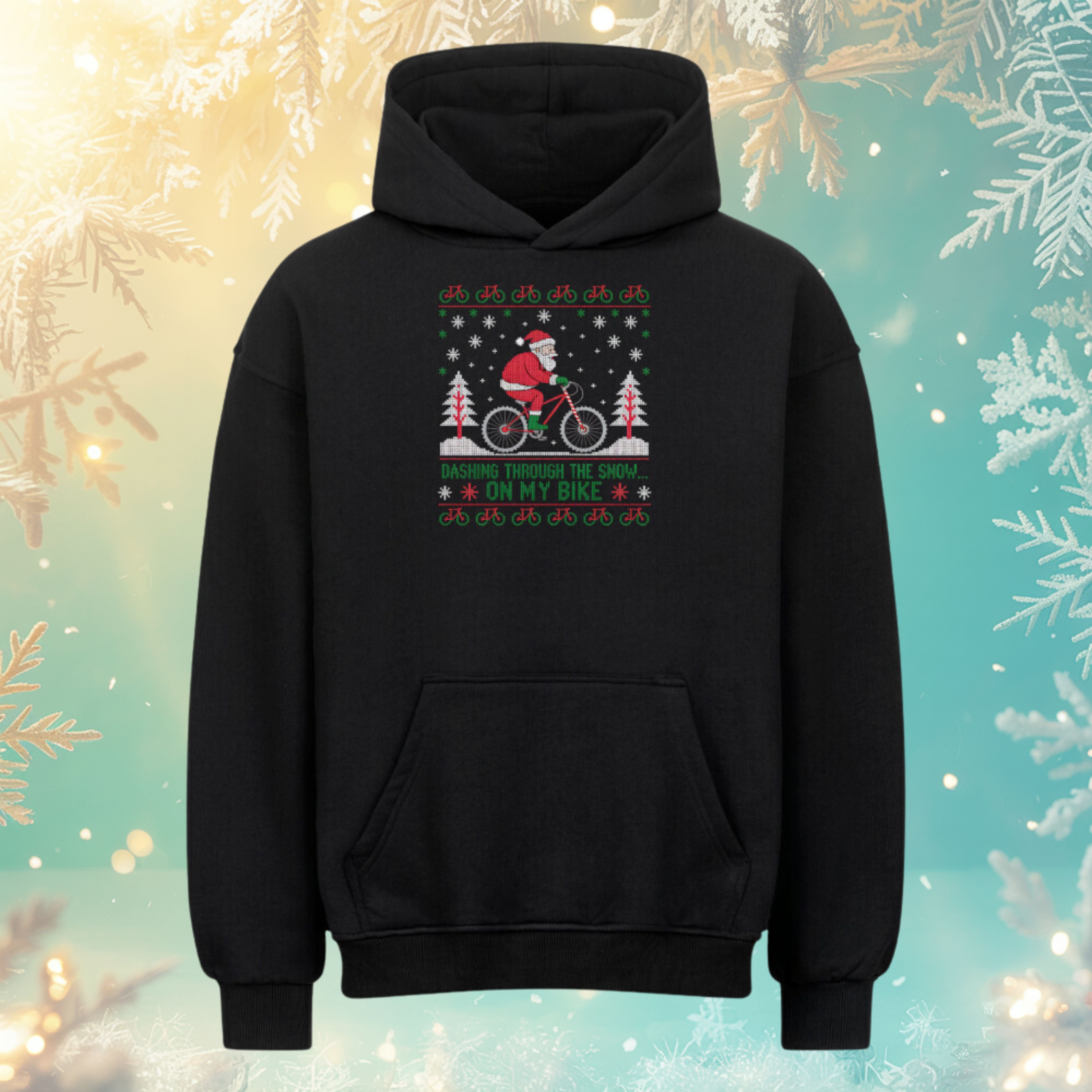 Dashing Through the Snow On My Bike Oversized Hoodie – Schwarz – Bright Light Arts, weihnachtlicher Fahrrad-Hoodie