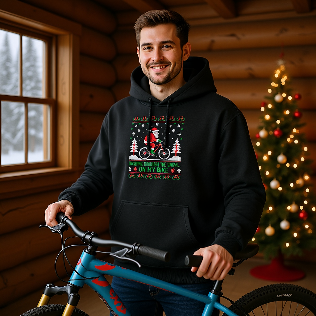 Dashing Through the Snow On My Bike Oversized Hoodie in Berghütte mit Fahrrad – Bright Light Arts, sportlich-festlicher Weihnachtsstil