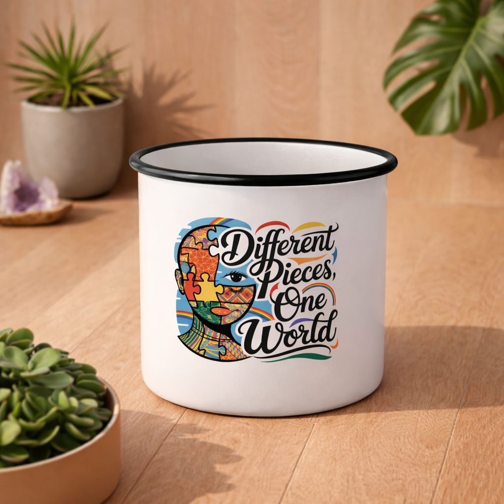 Emaille-Tasse mit „Different Pieces One World“ Neurodiversität Design auf hellem Holz Hintergrund im natürlichen Bright Lights Arts Stil