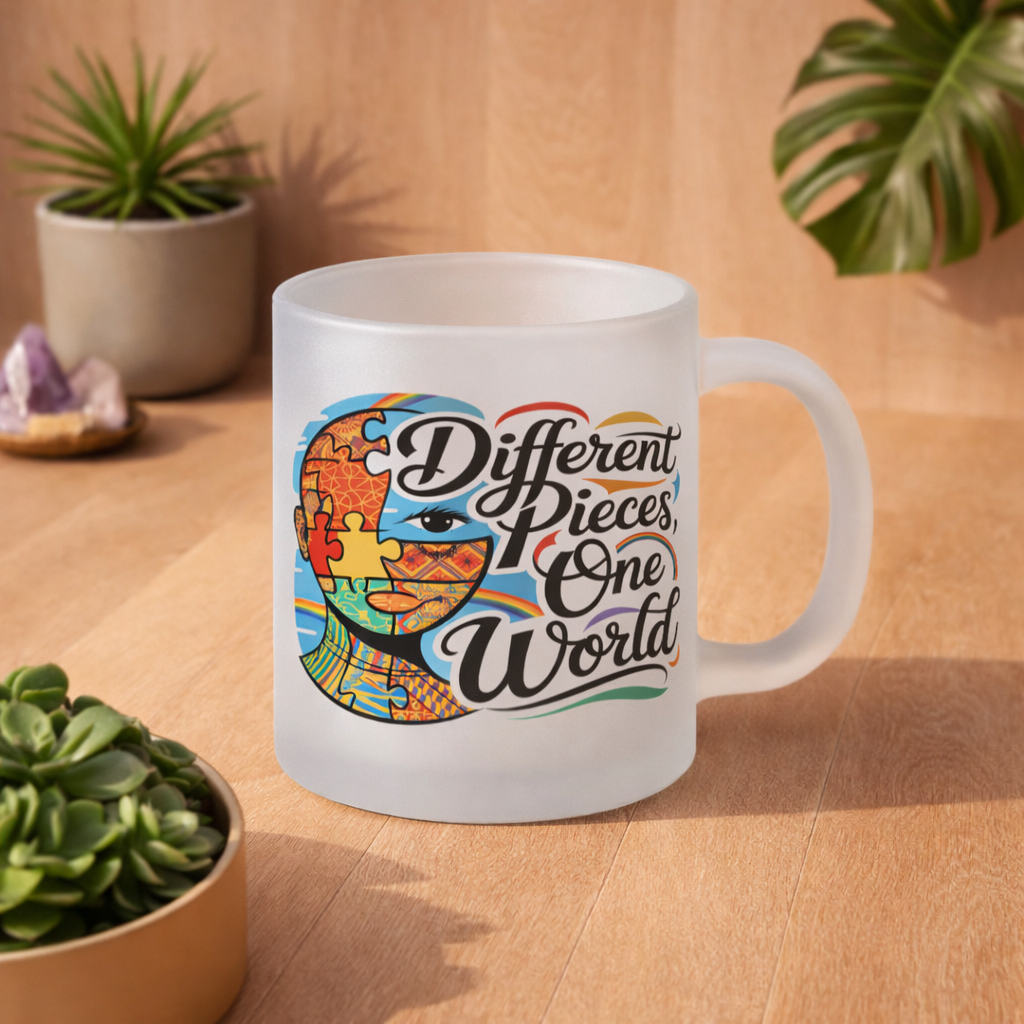 Satinierte Glastasse mit buntem Neurodiversität Design „Different Pieces One World“ auf hellem Holz Hintergrund im Bright Lights Arts Stil