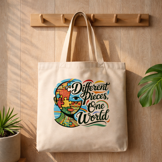 Jutebeutel mit „Different Pieces One World“ Neurodiversität Design an Holzgarderobe im warmen Bright Lights Arts Stil mit Pflanzen