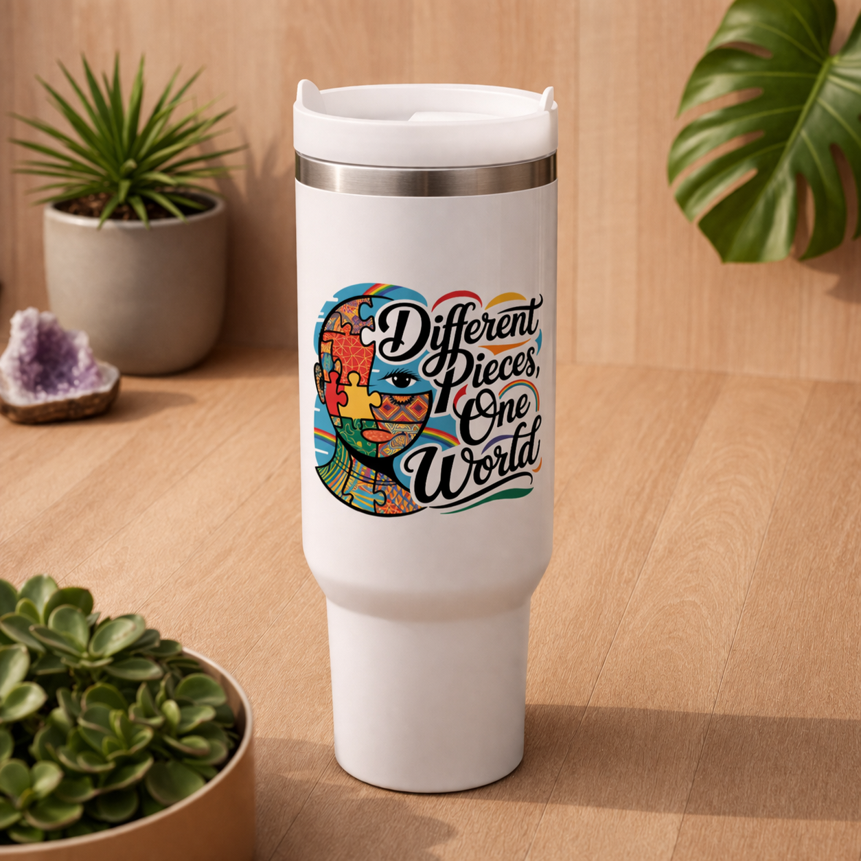 Weißer Thermobecher mit buntem „Different Pieces One World“ Neurodiversität Design auf hellem Holz Hintergrund im Bright Lights Arts Stil
