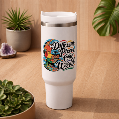 Weißer Thermobecher mit buntem „Different Pieces One World“ Neurodiversität Design auf hellem Holz Hintergrund im Bright Lights Arts Stil