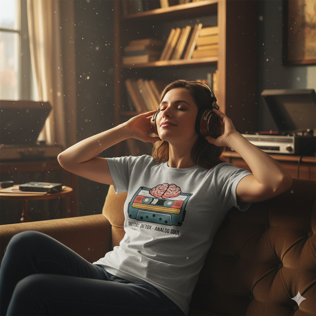 Graues T-Shirt mit bunter Retro-Illustration einer Kassette und eines Gehirns unter dem Schriftzug Digital Detox Analog Soul.