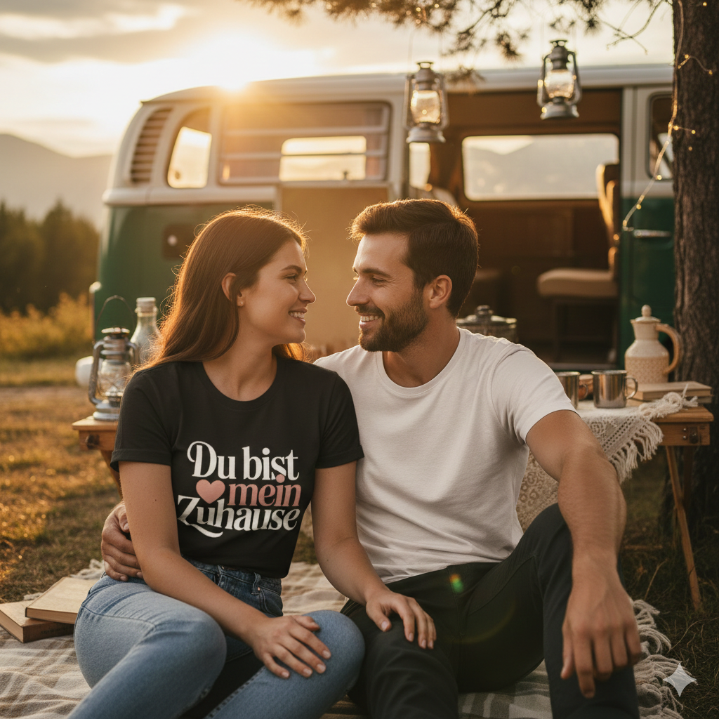 Schwarzes T-Shirt mit dem Schriftzug Du bist mein Zuhause und einem kleinen Herzen in Rosé von Bright Light Arts