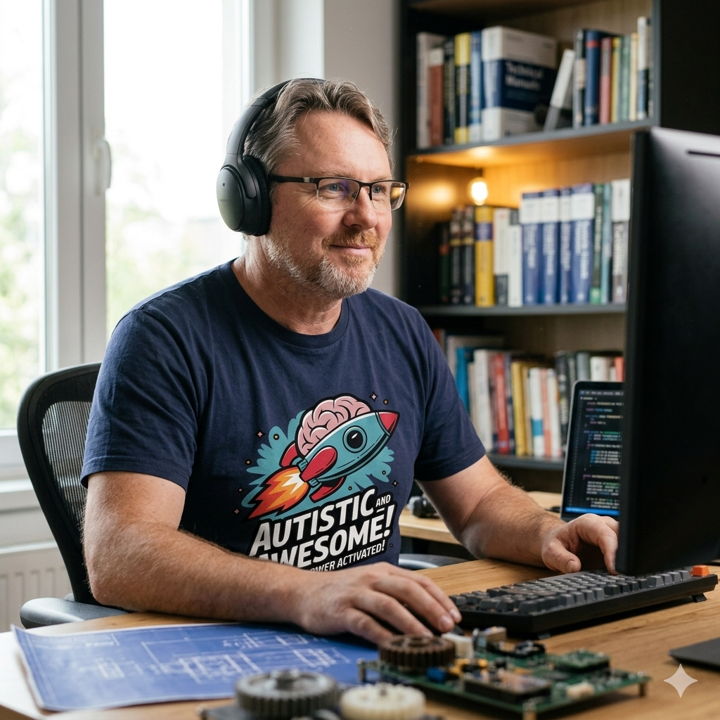 unger Mann mit Kopfhörern trägt das Autistic and Awesome Rocket Shirt während der Arbeit im hellen Büro