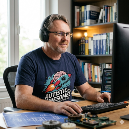 unger Mann mit Kopfhörern trägt das Autistic and Awesome Rocket Shirt während der Arbeit im hellen Büro
