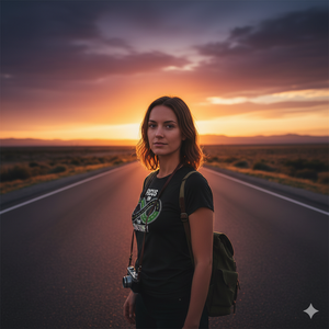 Schwarzes T-Shirt mit einer Straßen-Illustration als Unendlichkeitsschleife und dem Schriftzug Focus on the Journey von Bright Light Arts