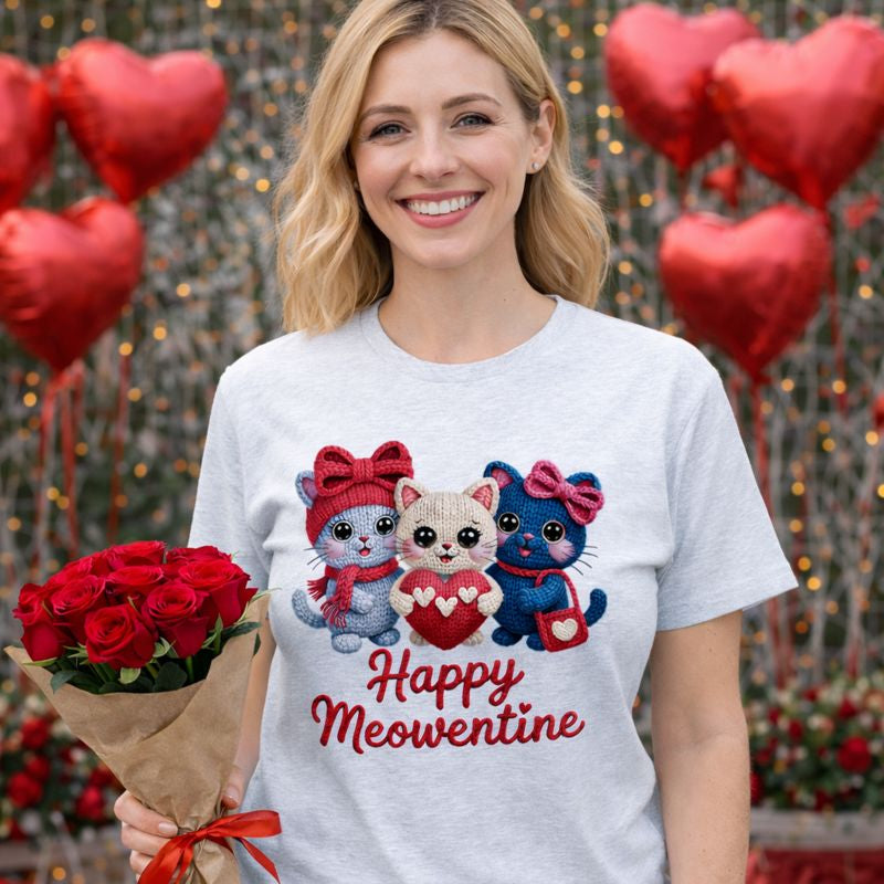Happy Meowentine Katzen Premium T-Shirt für Katzenliebhaber mit drei süßen Katzen im Strick-Look und Herzmotiv – liebevolles Valentinstags-Design von Bright Light Arts