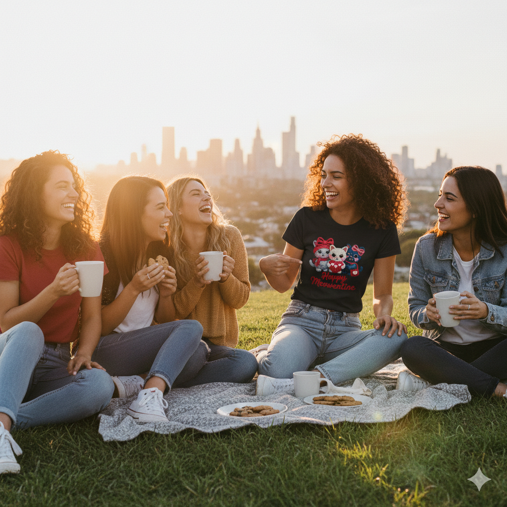 Frau trägt „Happy Meowentine“ Katzen-T-Shirt beim Picknick mit Freundinnen, warmer Sonnenuntergang, herzliche Stimmung