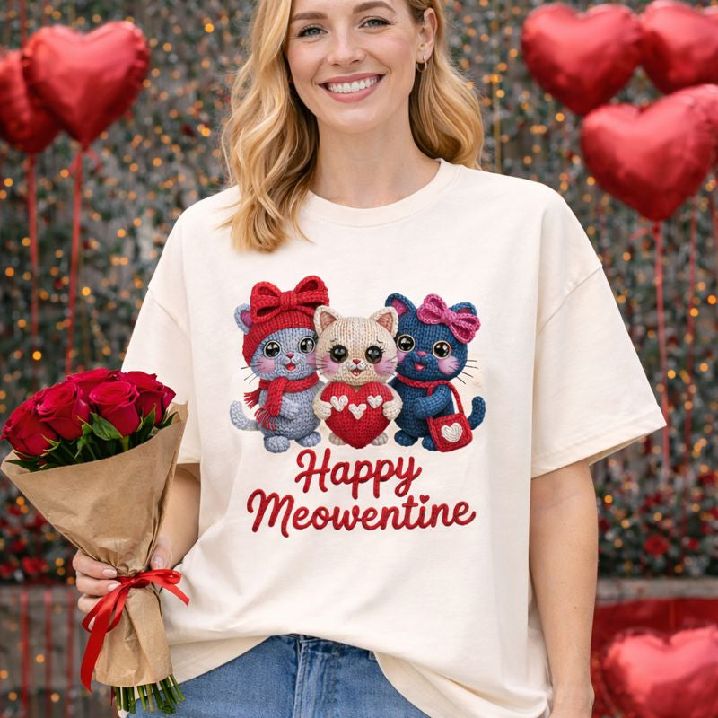 Happy Meowentine Oversized Shirt mit liebevoller Katzen-Illustration im Strick-Look und Herzmotiv – Valentinstags-Design für Katzenliebhaber von Bright Light Arts