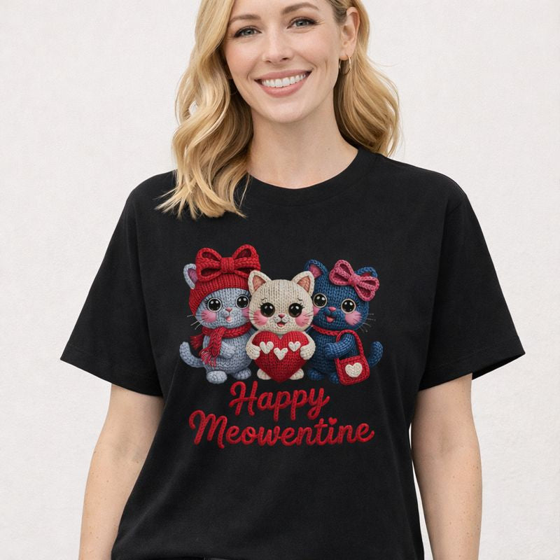 Happy Meowentine Premium Organic Shirt für Damen mit liebevollem Katzen-Motiv im Strick-Look und Herzdesign – nachhaltiges Valentinstags-T-Shirt für Katzenliebhaber von Bright Light Arts
