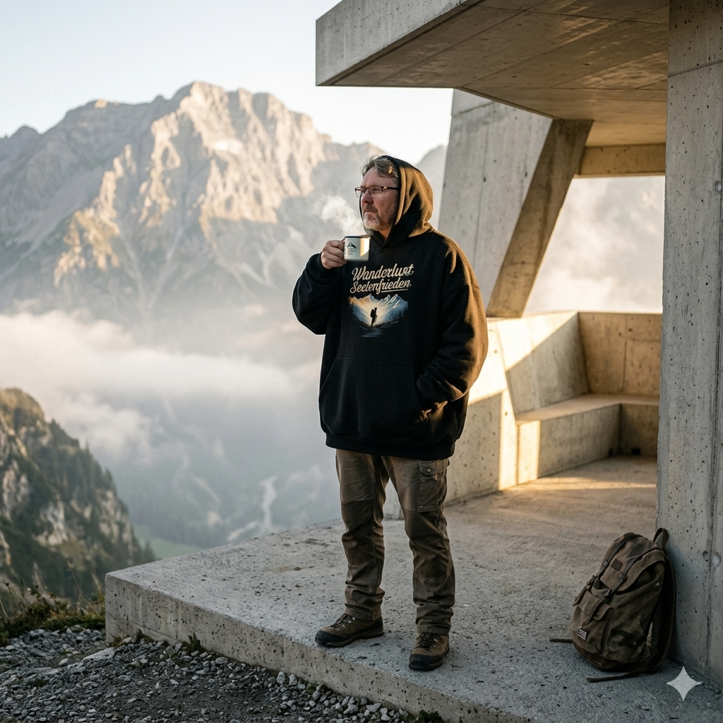 Mann in brutalistischem Bergpavillon, trägt Seelenfrieden Hoodie und hält Tasse, blickt über Wolkenmeer