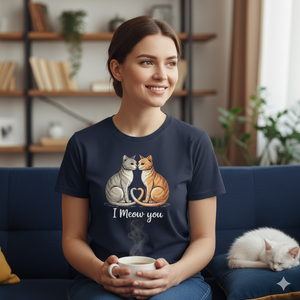 Schwarzes T-Shirt mit Illustration von zwei Katzen, die ein Herz mit ihren Schwänzen formen, unter dem Schriftzug I Meow You