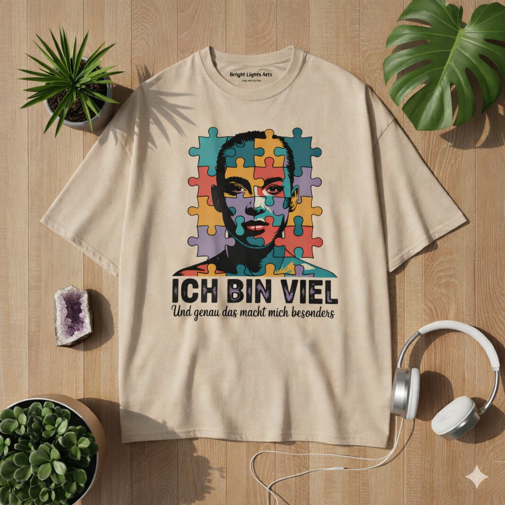 Beiges Oversized T Shirt mit Ich bin viel Autismus Awareness Puzzle Design im natürlichen Lifestyle Mockup mit Holz Hintergrund, Pflanzen und Kopfhörern – Bright Lights Arts