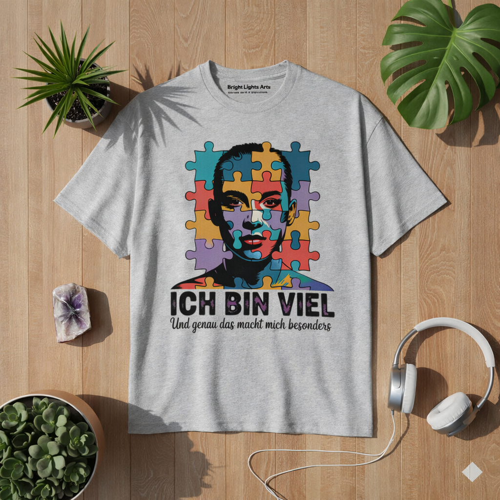 Graues T Shirt mit Ich bin viel Autismus Awareness Puzzle Design im natürlichen Lifestyle Mockup mit Holz Hintergrund, Pflanzen und Kopfhörern – Bright Lights Arts