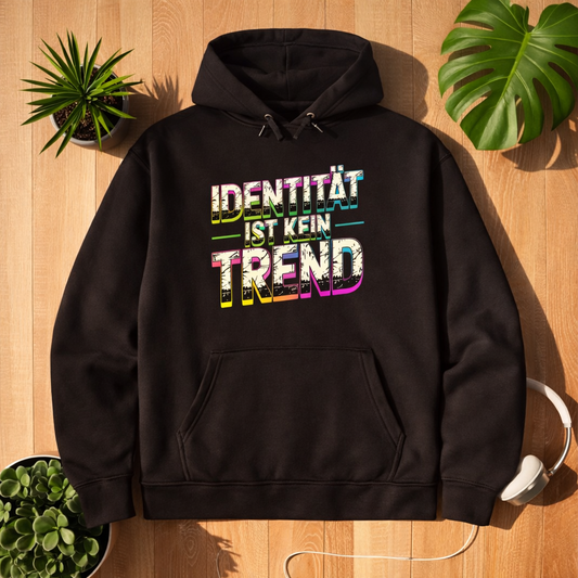 Schwarzer Hoodie mit Statement „Identität ist kein Trend“ im bunten Retro-Design, präsentiert im Bright Lights Arts Lifestyle Mockup auf Holzoberfläche mit Pflanzen und Kopfhörern