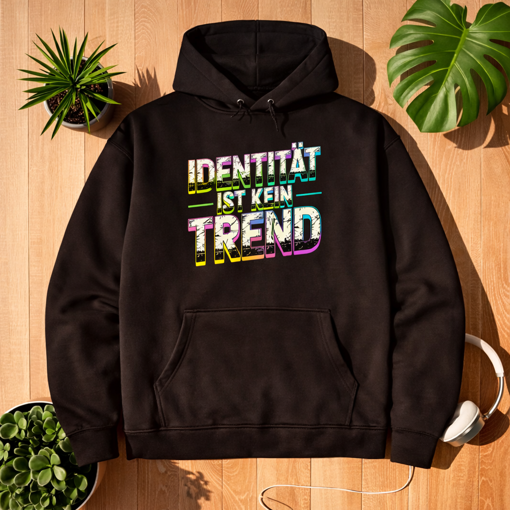 Schwarzer Oversized Hoodie mit Statement „Identität ist kein Trend“ im bunten Vintage-Design, präsentiert im Bright Lights Arts Lifestyle Mockup auf Holzoberfläche mit Pflanzen und Kopfhörern
