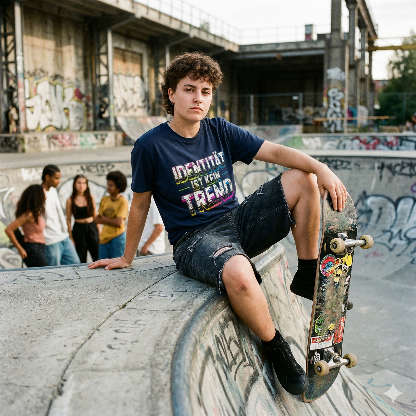 Junge Frau sitzt selbstbewusst auf Betonrampe, trägt schwarzes „IDENTITÄT IST KEIN TREND“-Shirt.